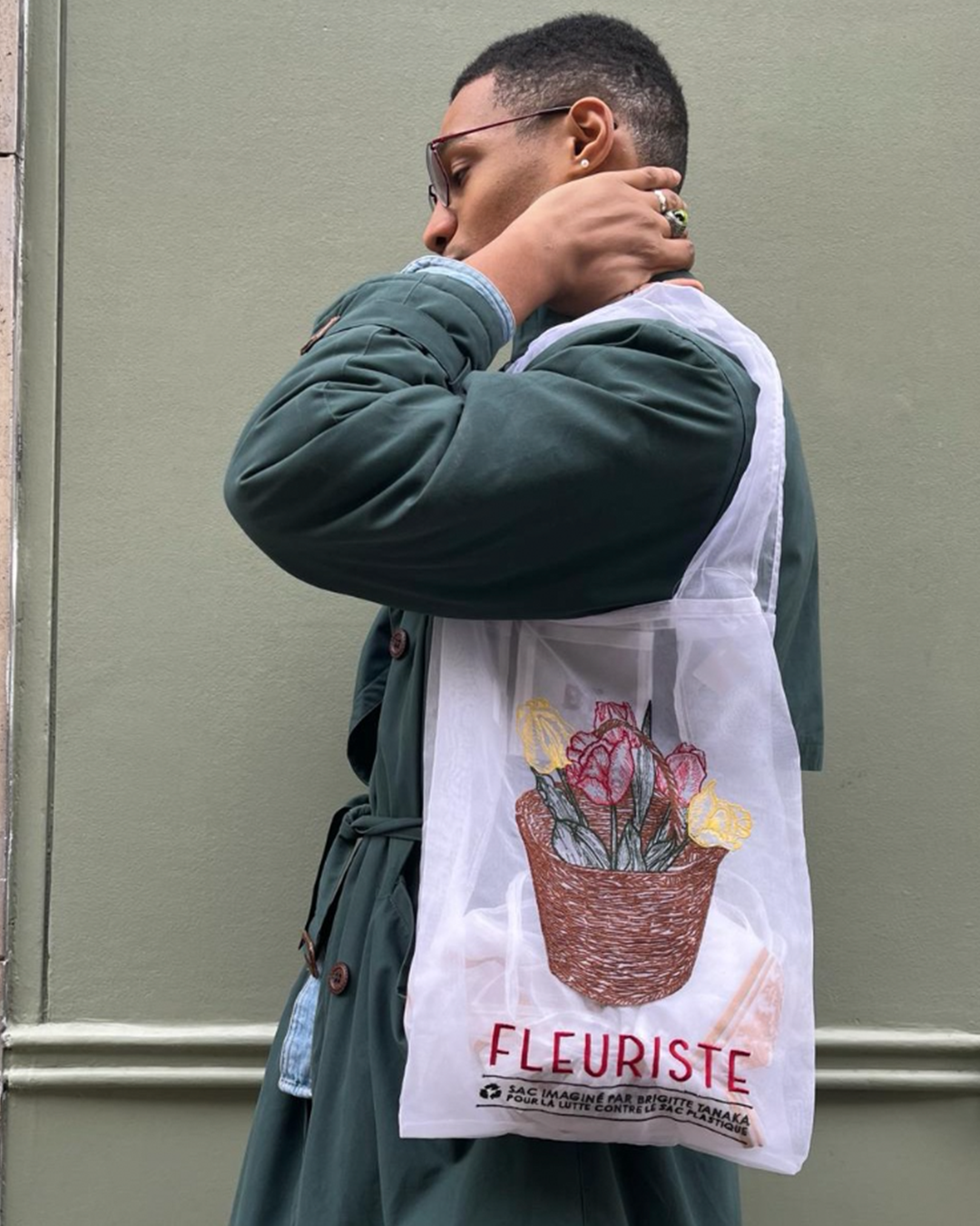 Embroidered Organza Tote Bag - Flowers Tulips - Brigitte Tanaka