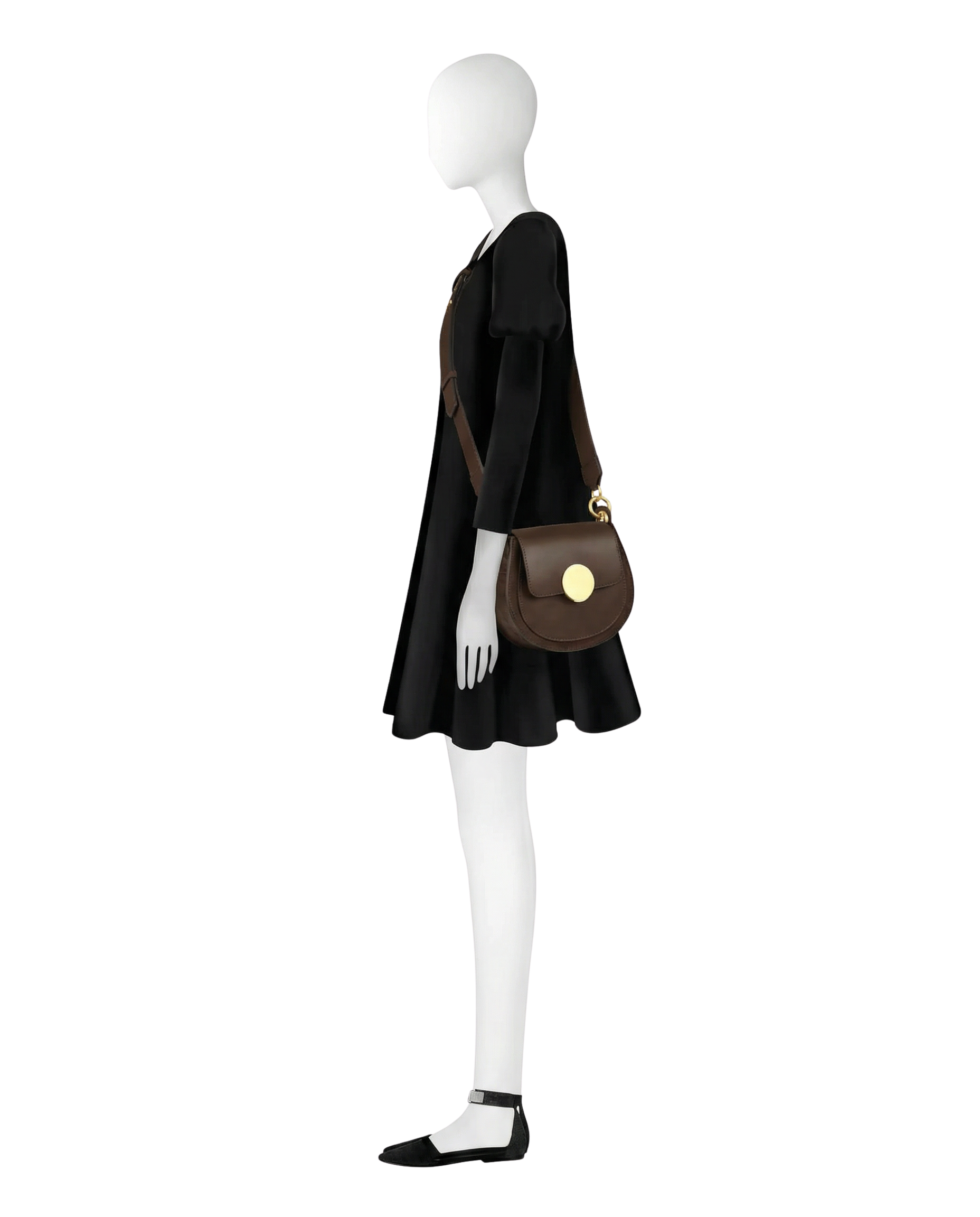 Yucca Suede and Leather Shoulder Bag in Chocolate by LePARMENTIER Paris, white background, shown on mannequin, adjustable strap styling