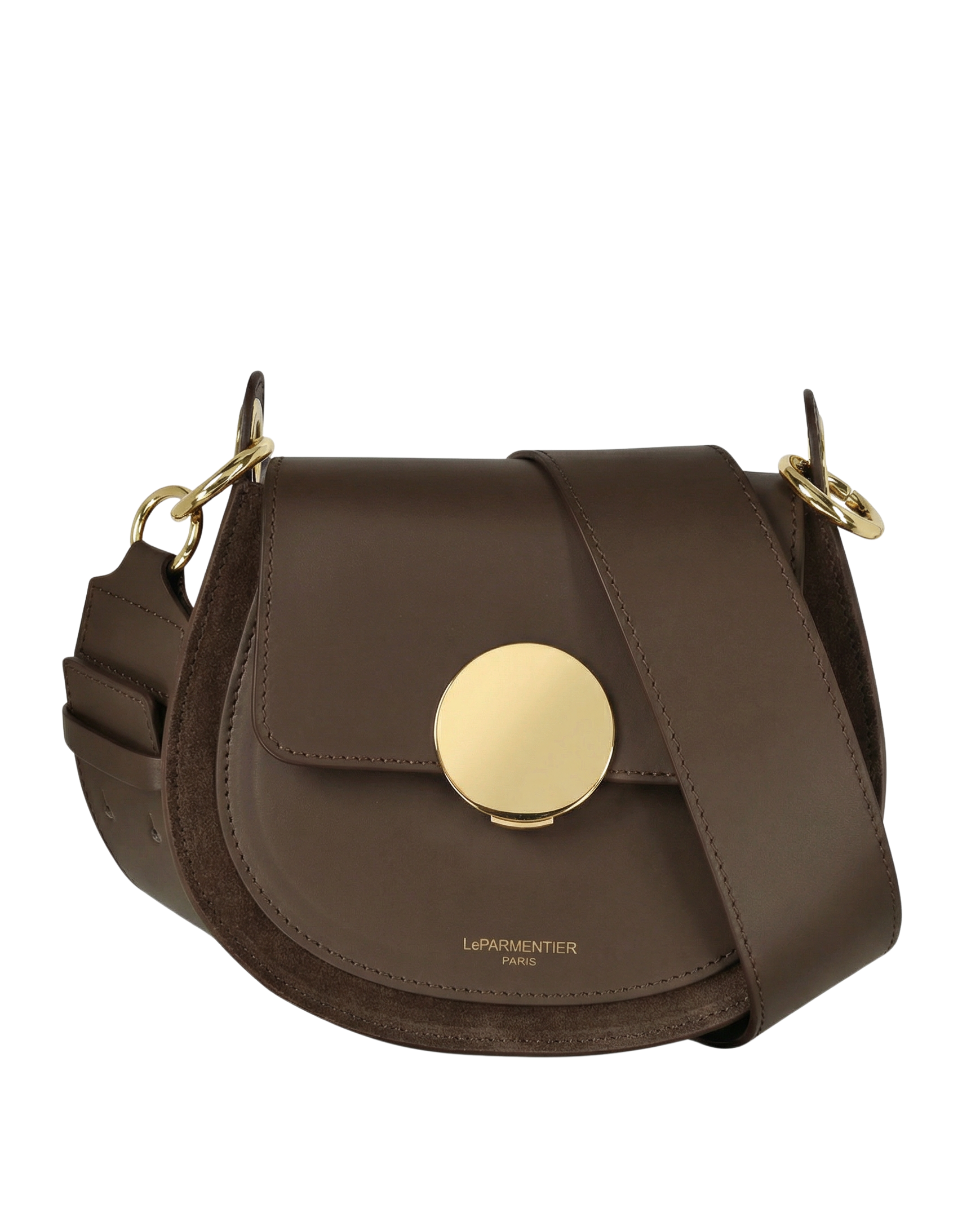 Yucca Suede and Leather Shoulder Bag in Chocolate by LePARMENTIER Paris, circular push-button clasp, handmade in Italy from Italian calf leather, white background, front view