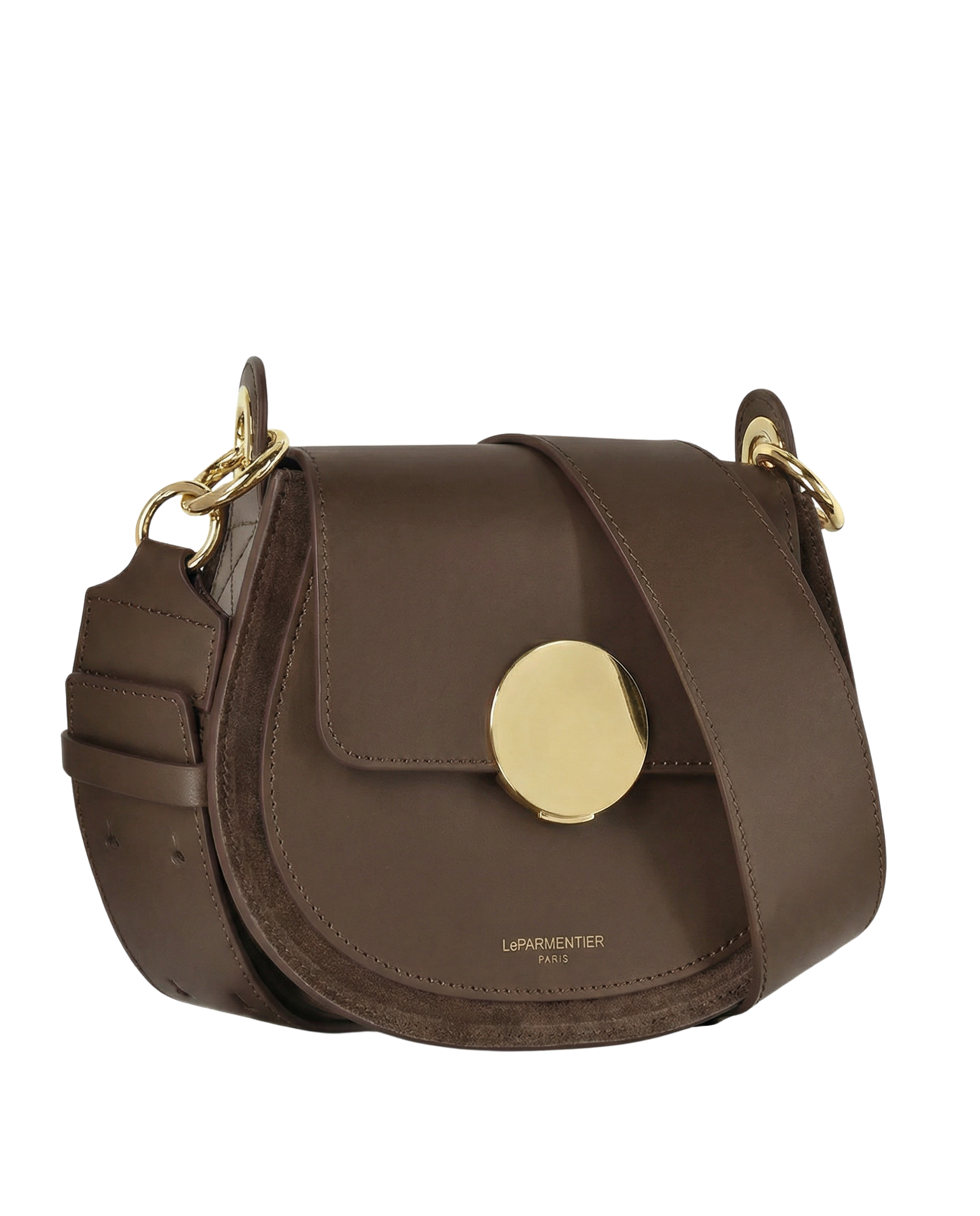 Yucca Suede and Leather Shoulder Bag in Chocolate by LePARMENTIER Paris, white background, three-quarter view
