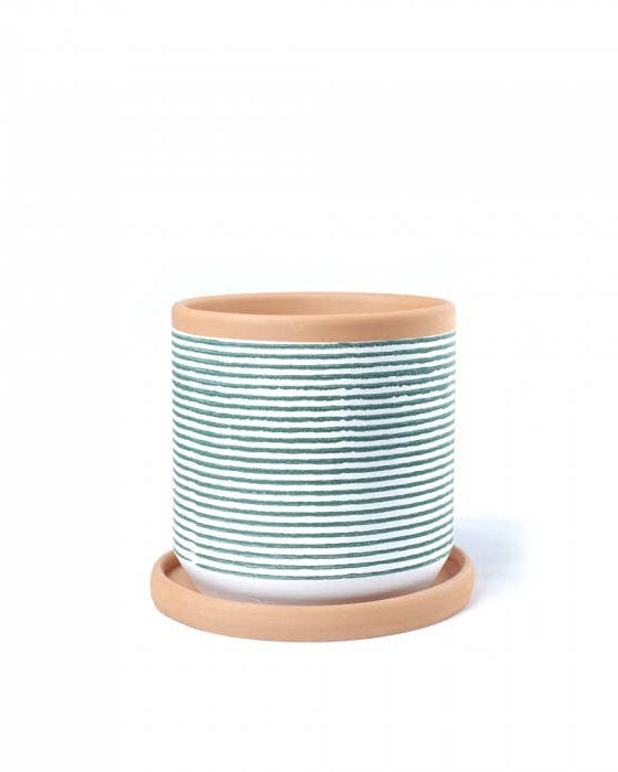 Striped clay pot with saucer – Small