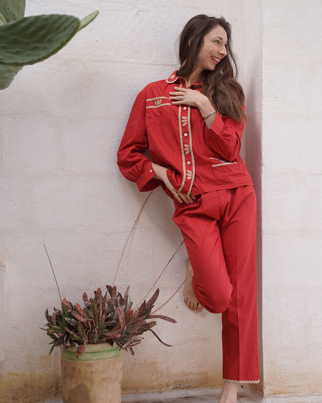 Embroidered Luxury Pyjamas Set - Terra cotta