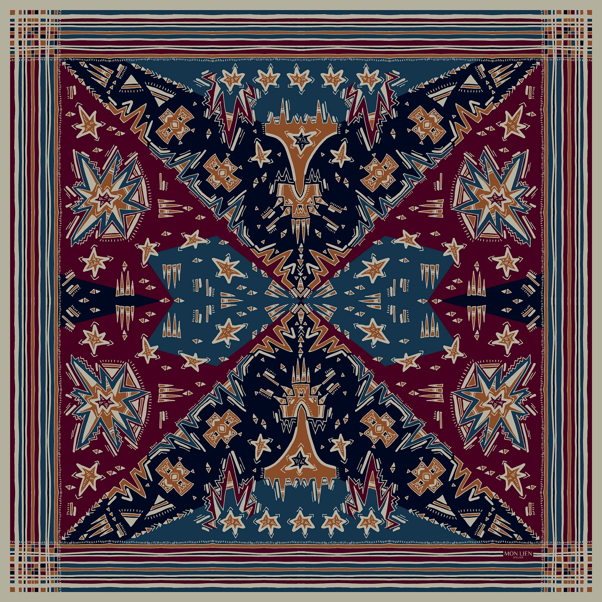 foulard chic quadrato in seta vista intera con motivi in composizione e bordo a righe palette bordeaux e blu