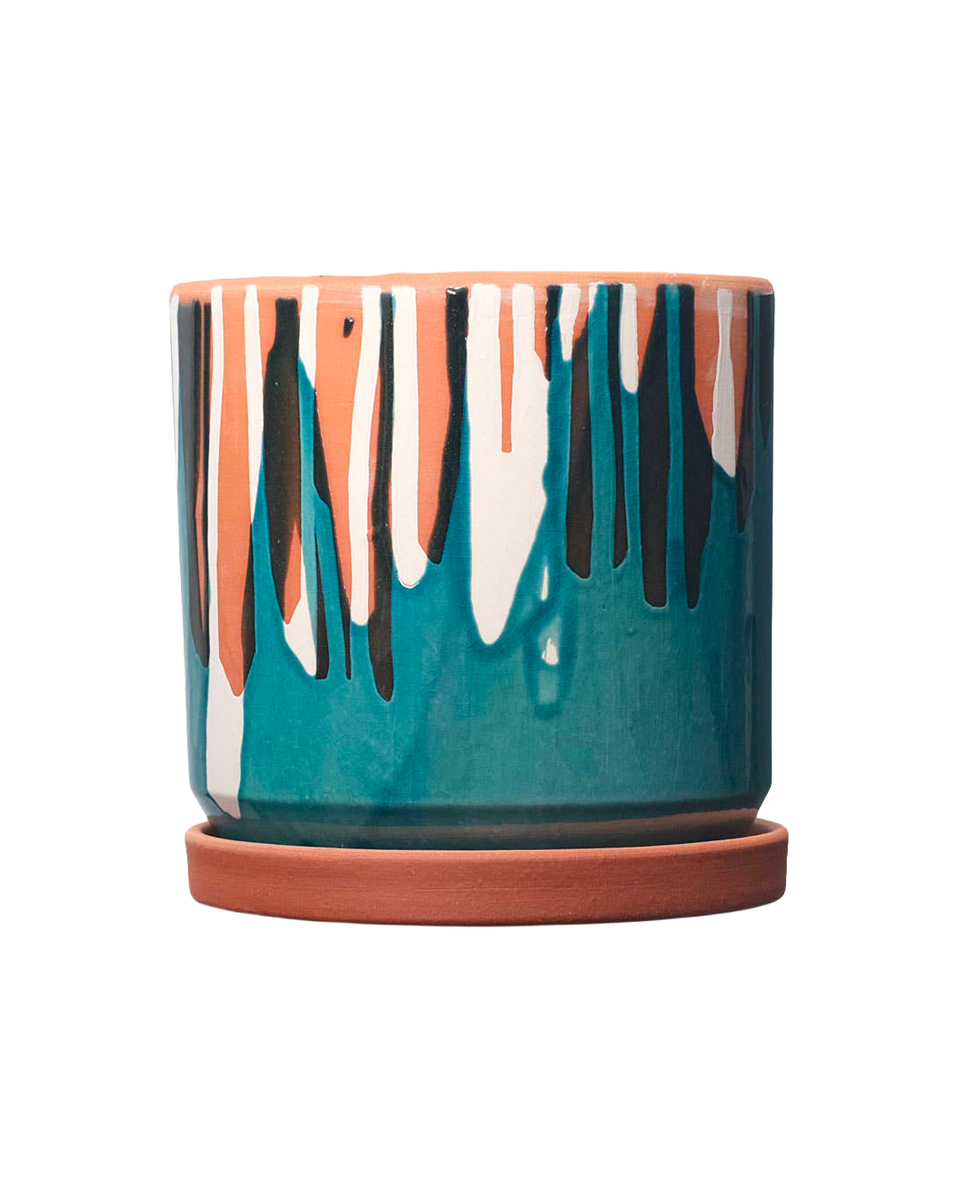 Clay pot with white slip and coloured glaze