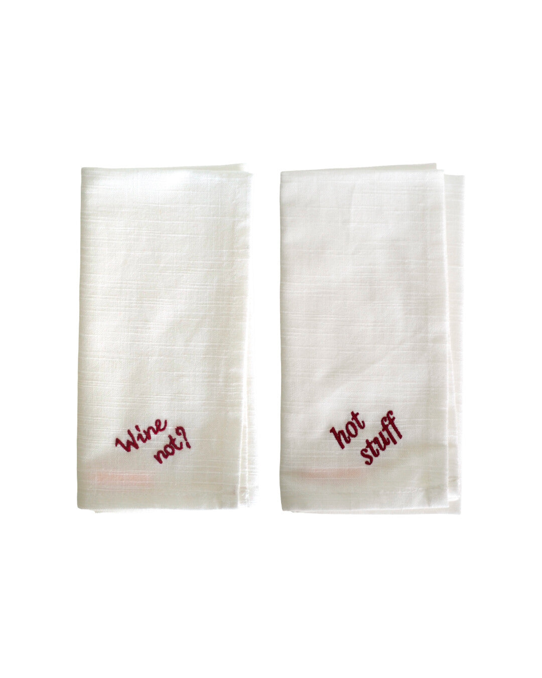 Embroidered napkin set 'hot stuff' and 'wine not?'