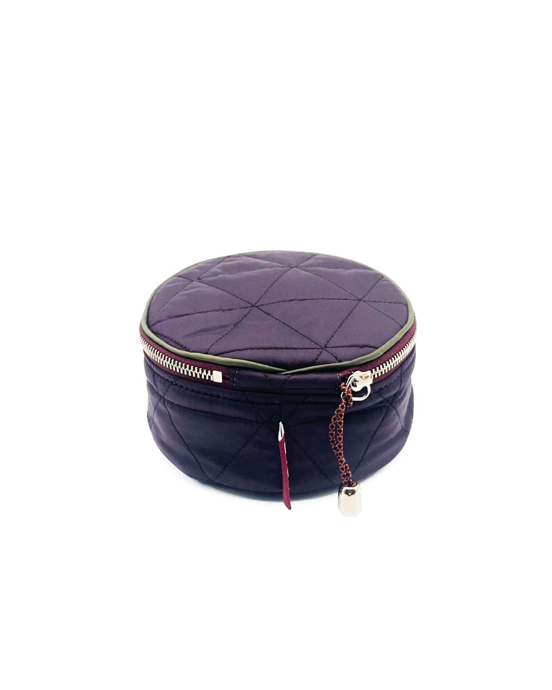 Round quilted purple jewelry bag with a zipper