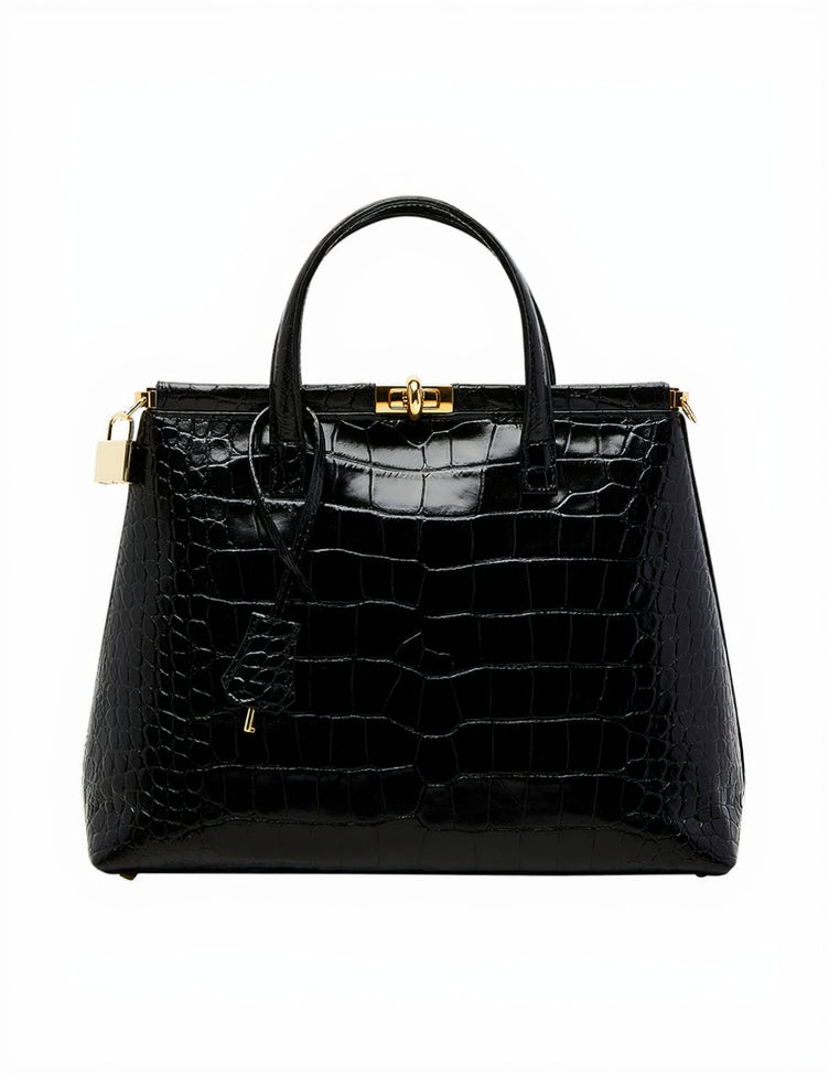 Priscilla Heritage Brown - Croc-embossed Calfskin Top Handle Bag