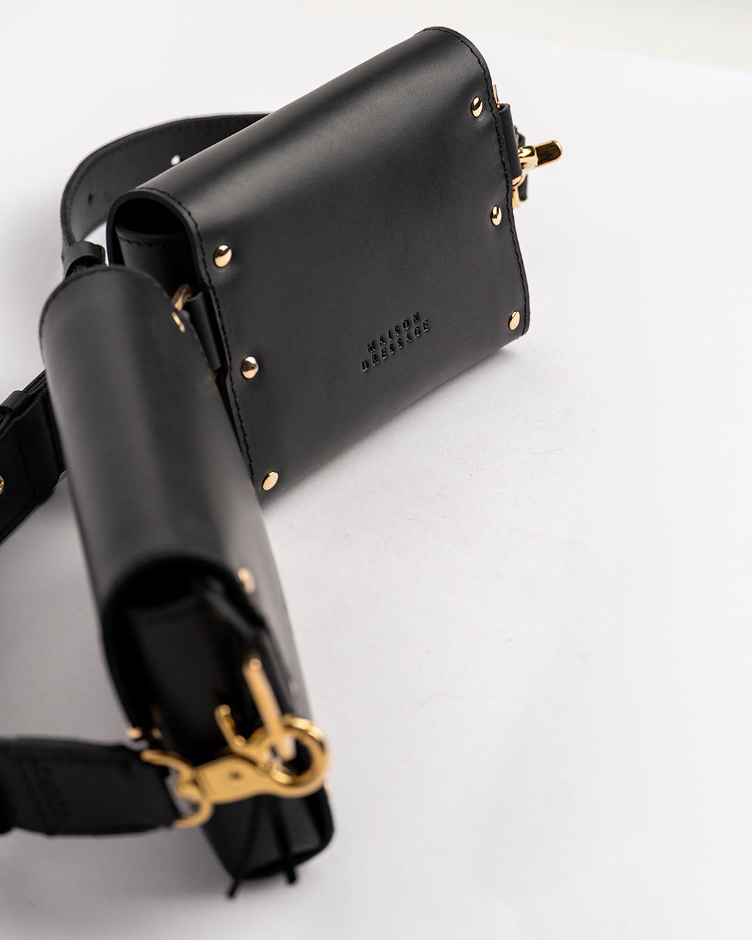 Sling bag leather black gold handmade handcrafted