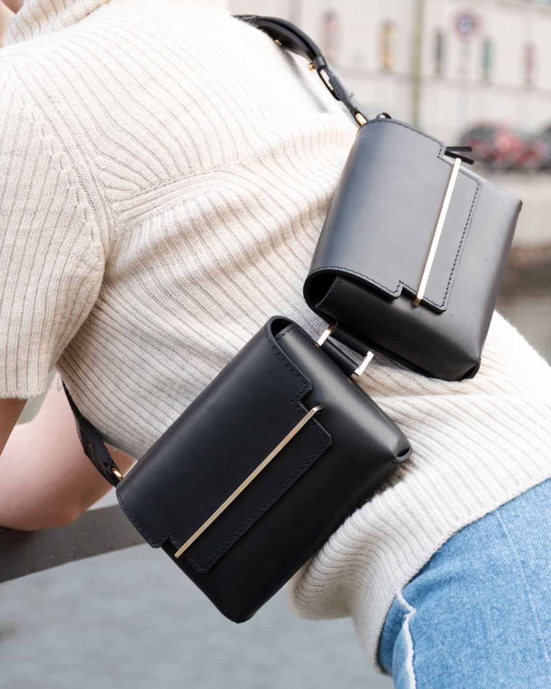 Sling bag leather black gold handmade handcrafted