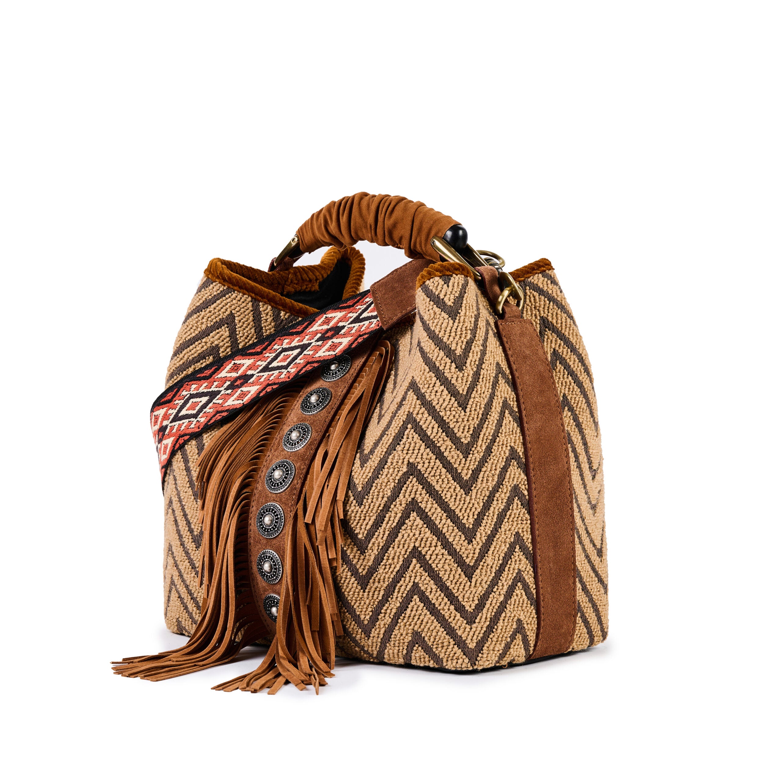 ViaMailBag Jacquard bucket bag with fringe and stud detailing