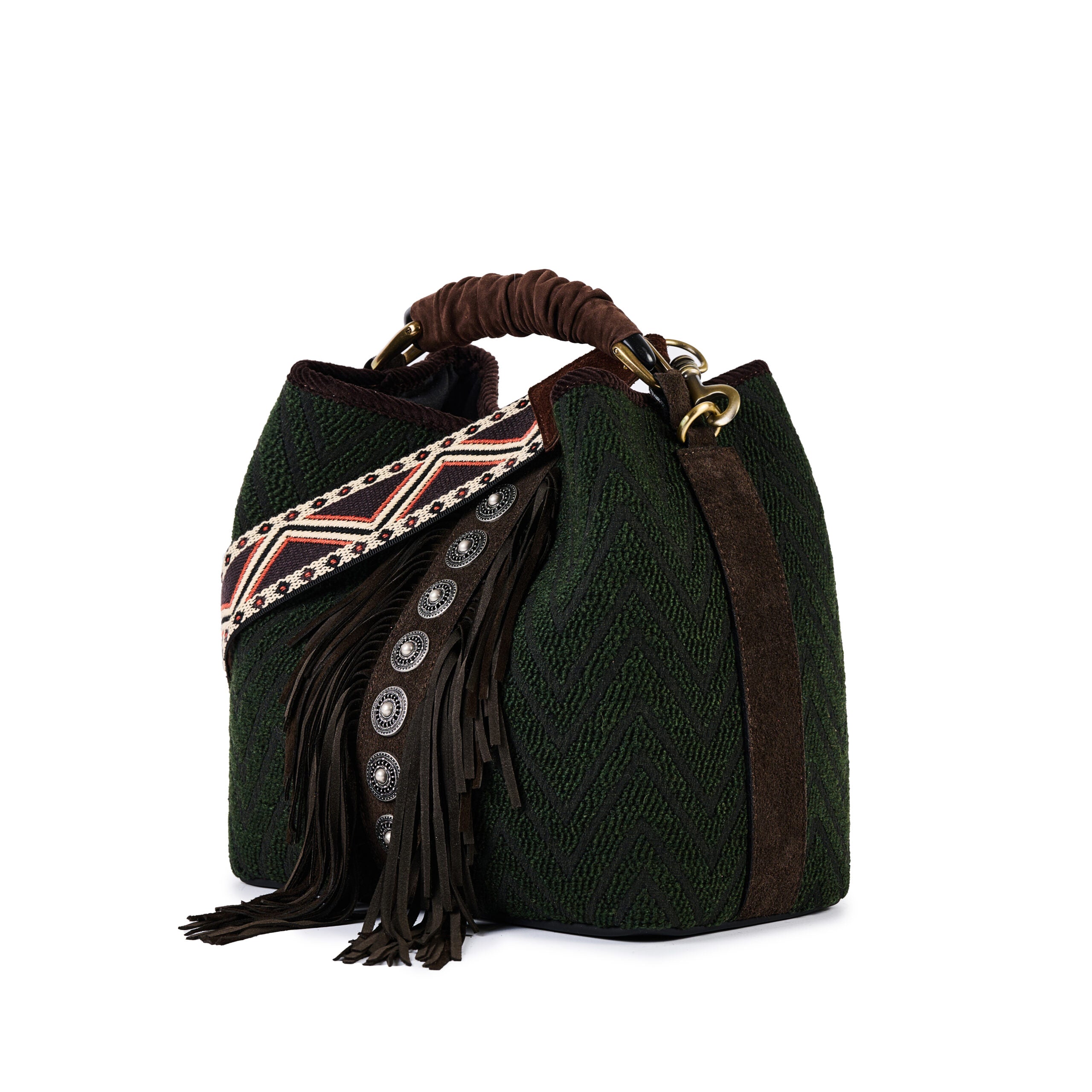 ViaMailBag Jacquard bucket bag with fringe and stud detailing