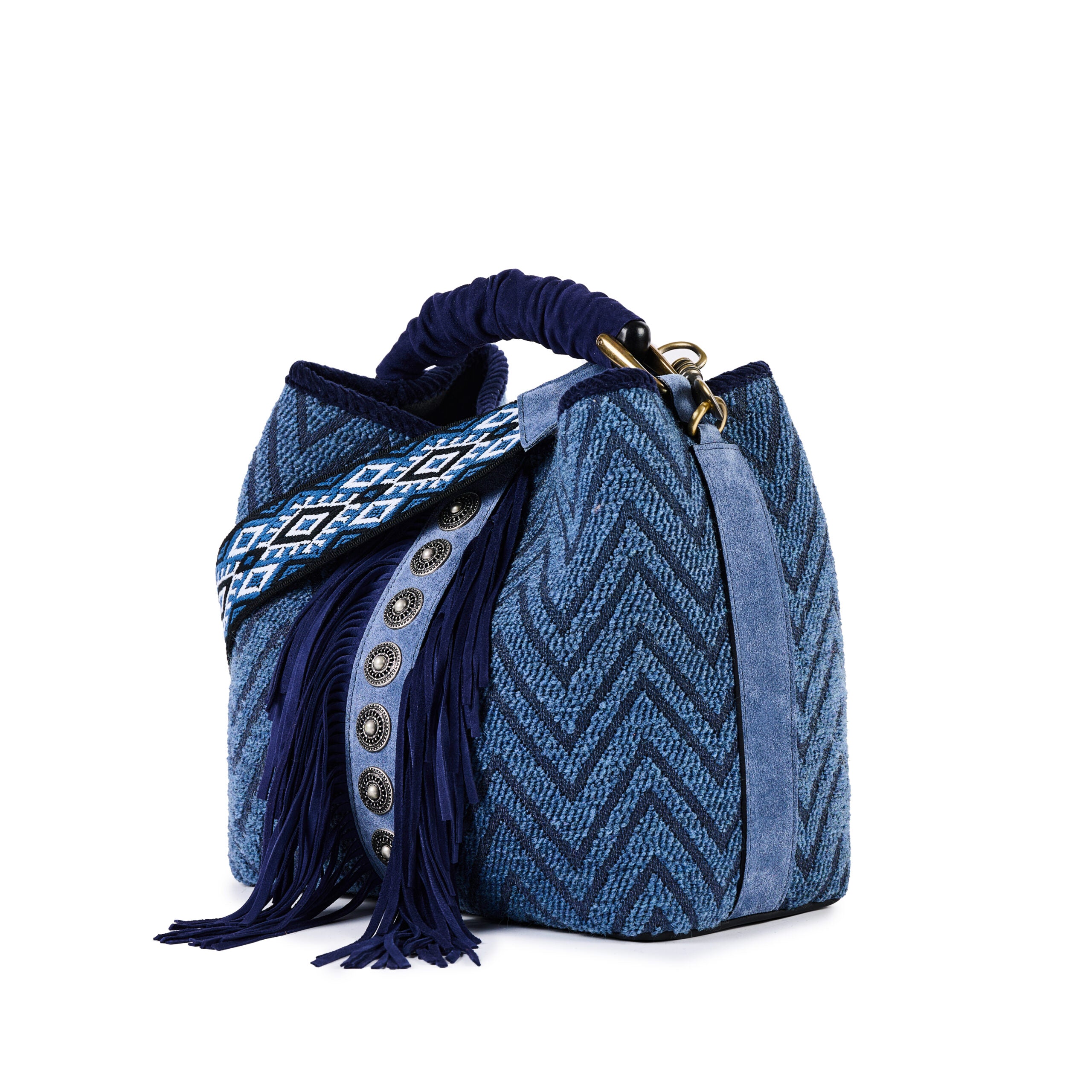 ViaMailBag Jacquard bucket bag with fringe and stud detailing