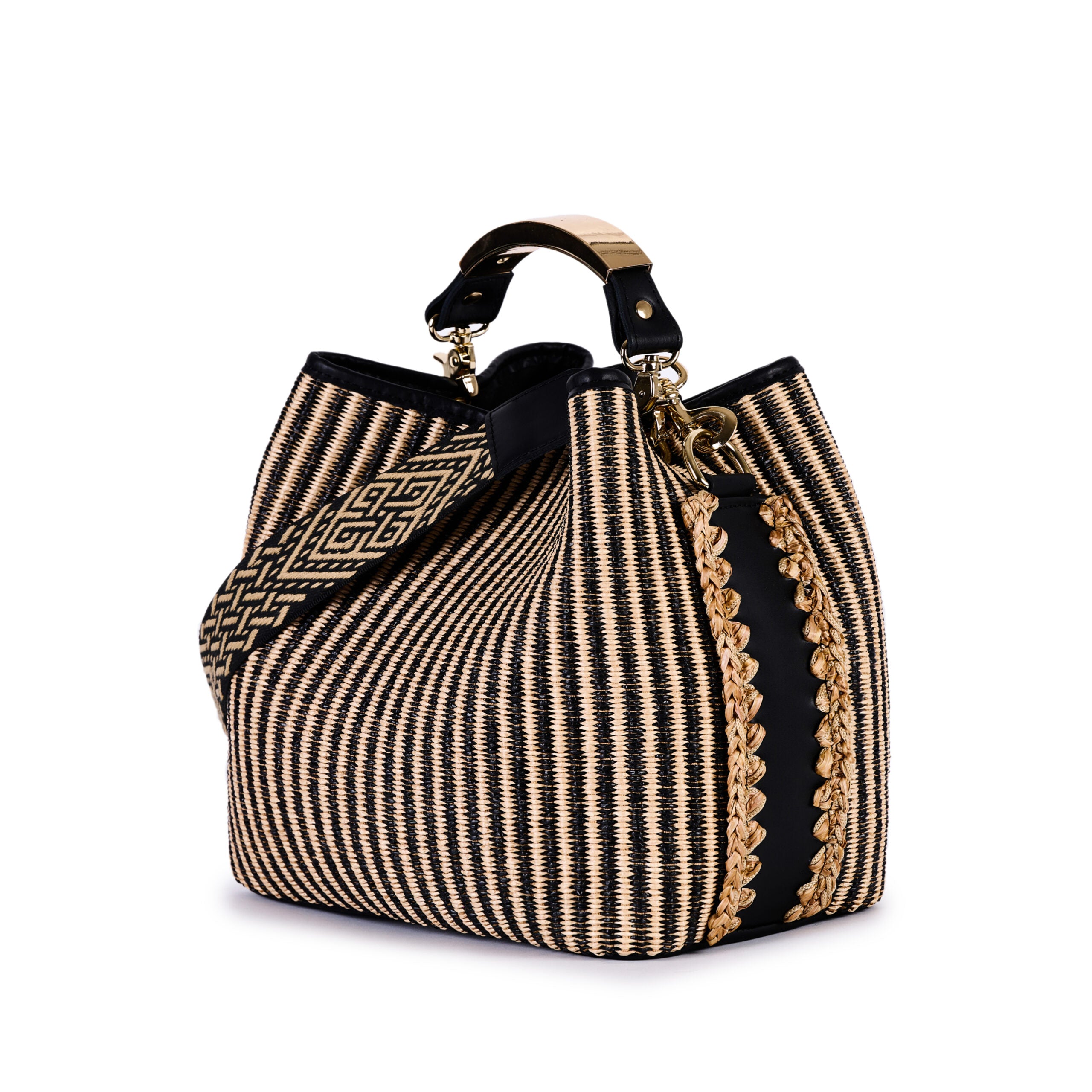ViaMailBag Bucket bag in leather and jacquard raffia
