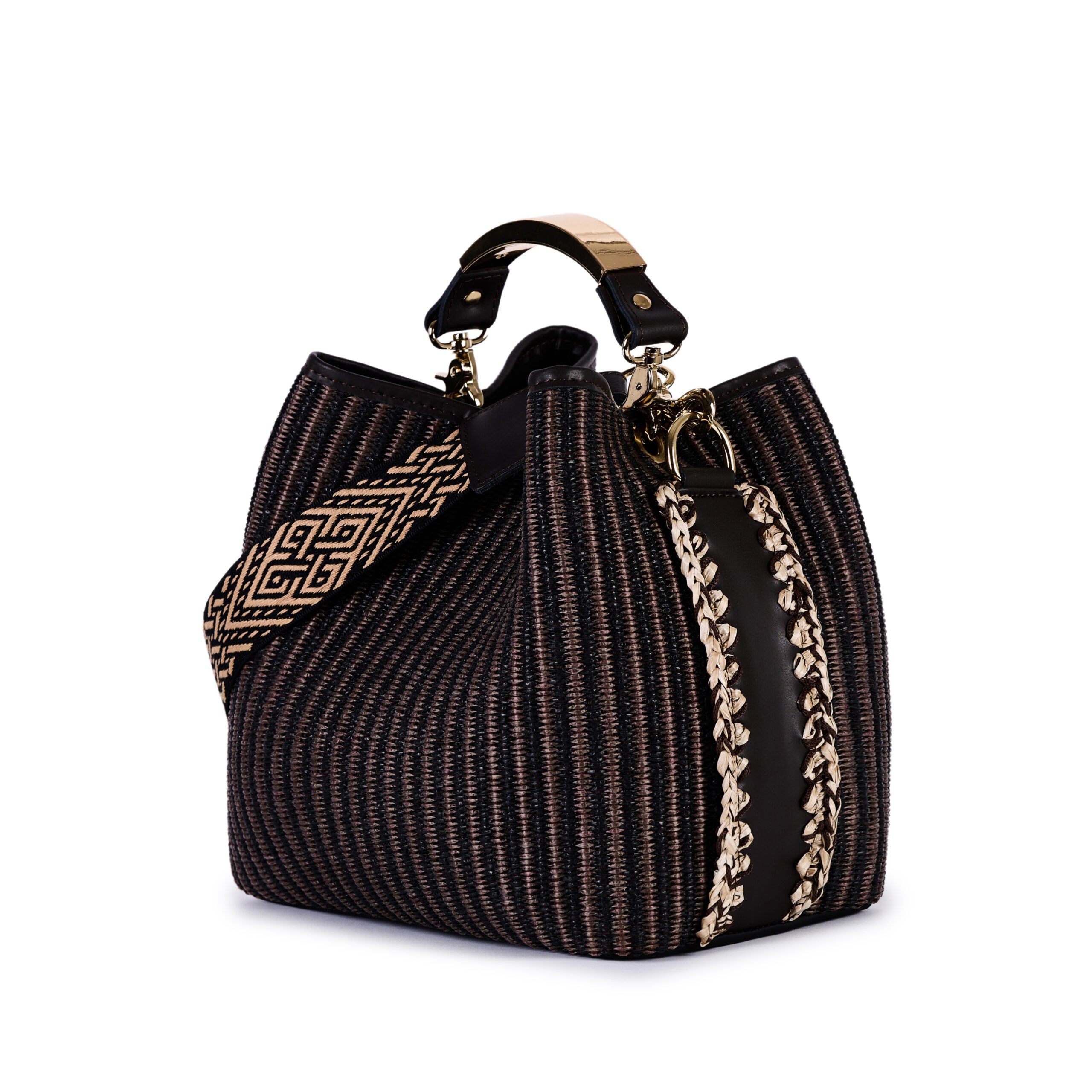 ViaMailBag Bucket bag in leather and jacquard raffia