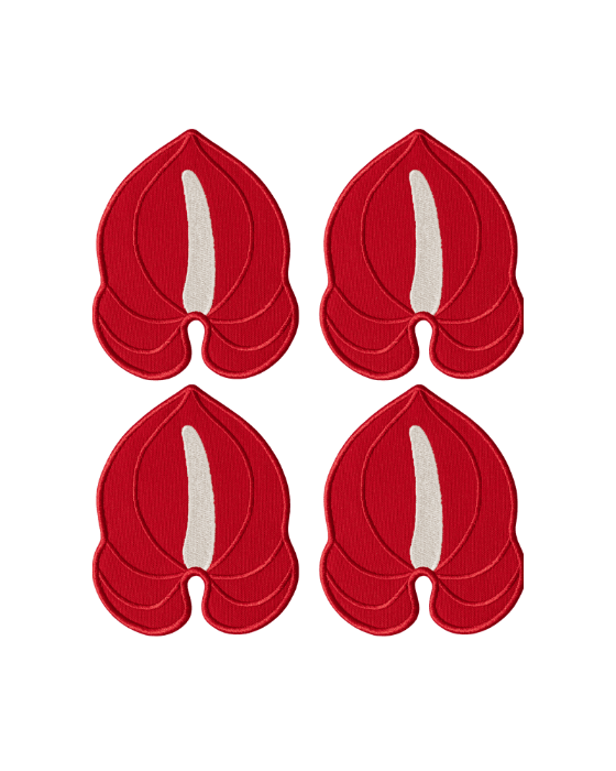 Octaevo's Red Anthurium Coasters (Set of 4) feature bold petal shapes on linen-cotton, arranged in a grid.