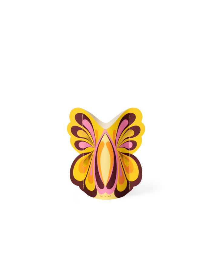 Butterfly Mini Paper Vase by Octaevo, butterfly-shaped with vibrant flowers, comes in branded packaging.