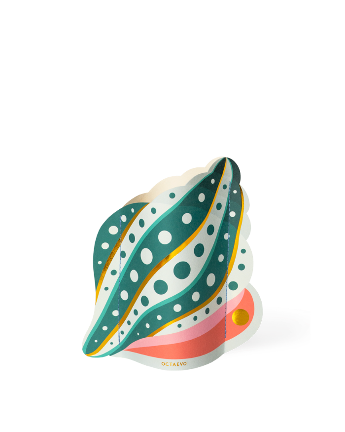 The Shell Mini Paper Vase by OCTAEVO features abstract leaf shapes in green, white, gold, and pink on a white background.