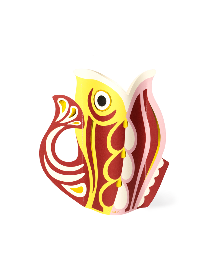 The Fish Paper Vase by OCTAEVO is a colorful, abstract centerpiece inspired by the Mediterranean.
