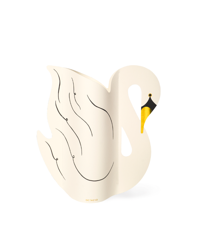 The OCTAEVO Swan Paper Vase features a Salvador Dalí-inspired curved-neck swan on a white background.