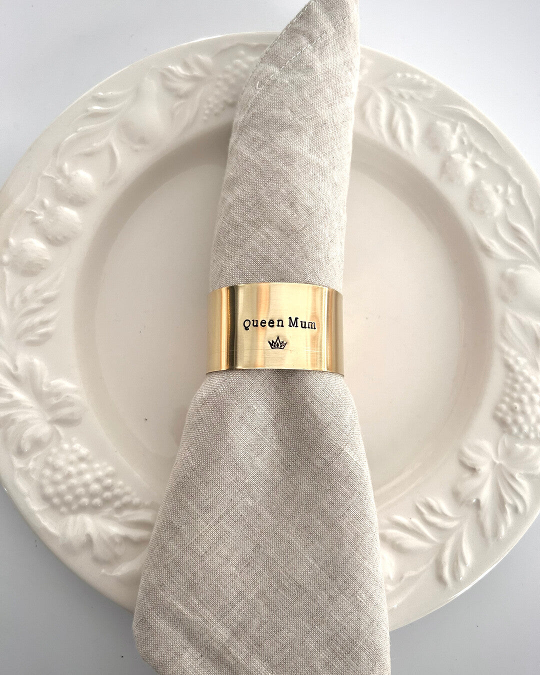 "Queen Mum" - Engraved brass napkin ring with crown symbol