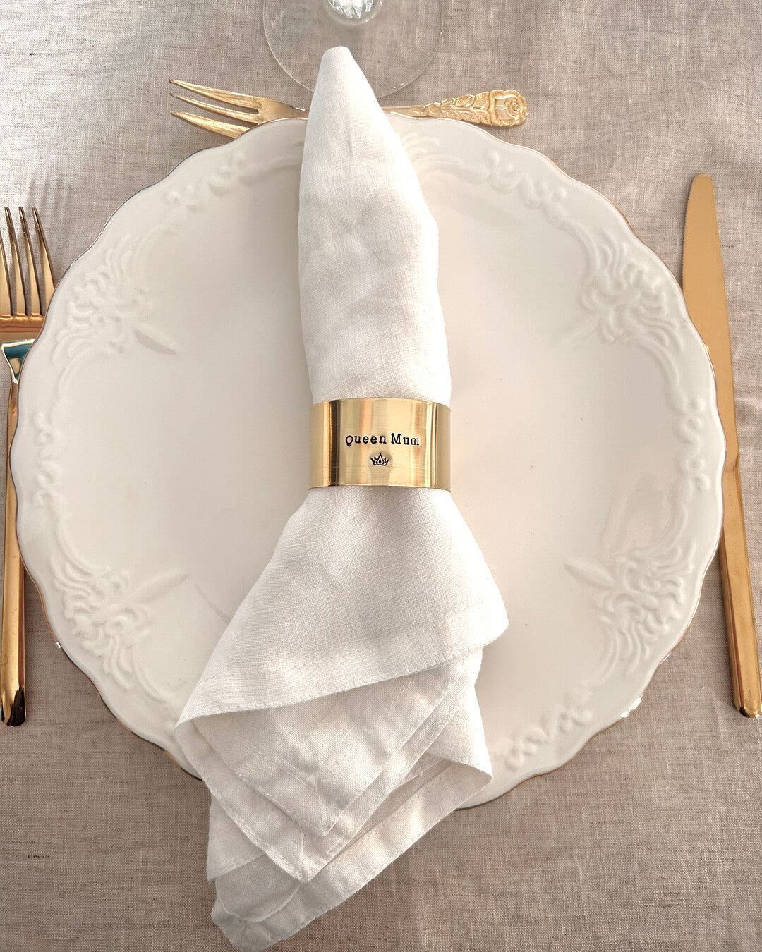 "Queen Mum" - Engraved brass napkin ring with crown symbol