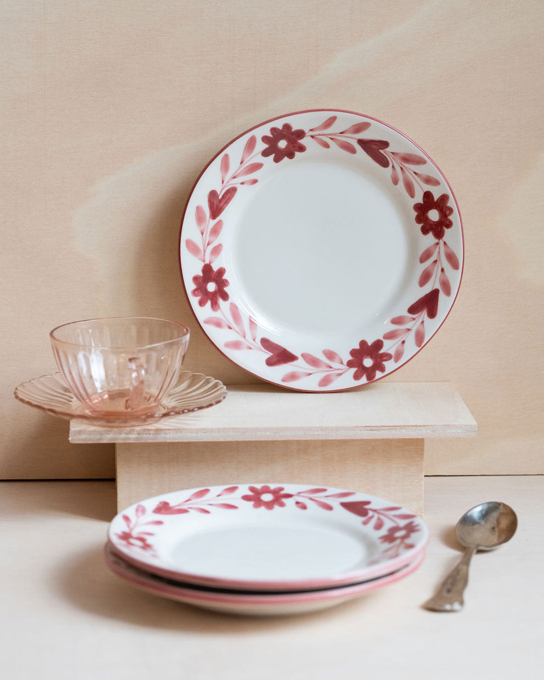 Red flowers dessert plate ceramics hand-painted pottery Valsa Home