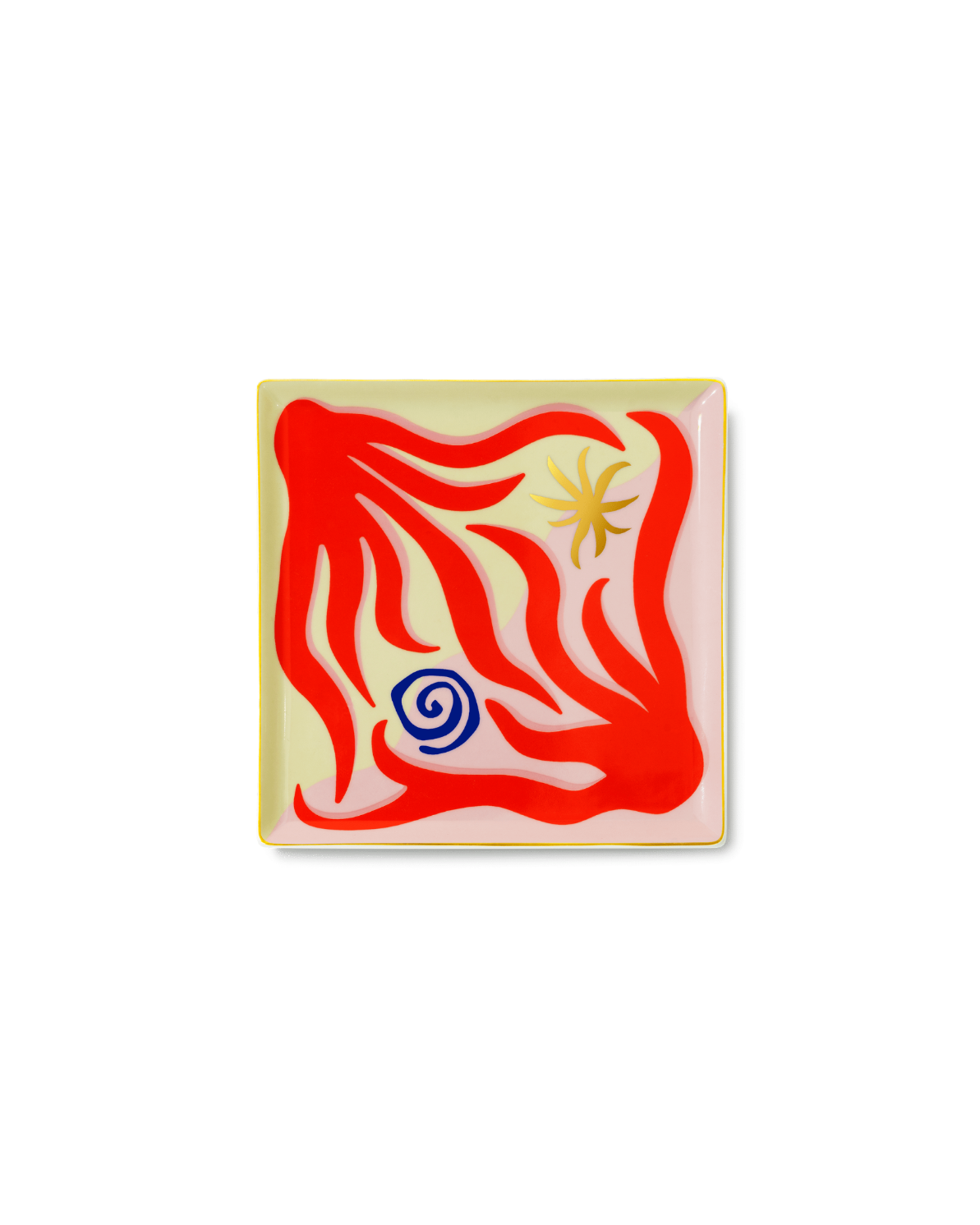 The Amalfi Ceramic Tray by Octaevo features a yellow starburst and blue spiral in coral-inspired red shapes—a unique gift.