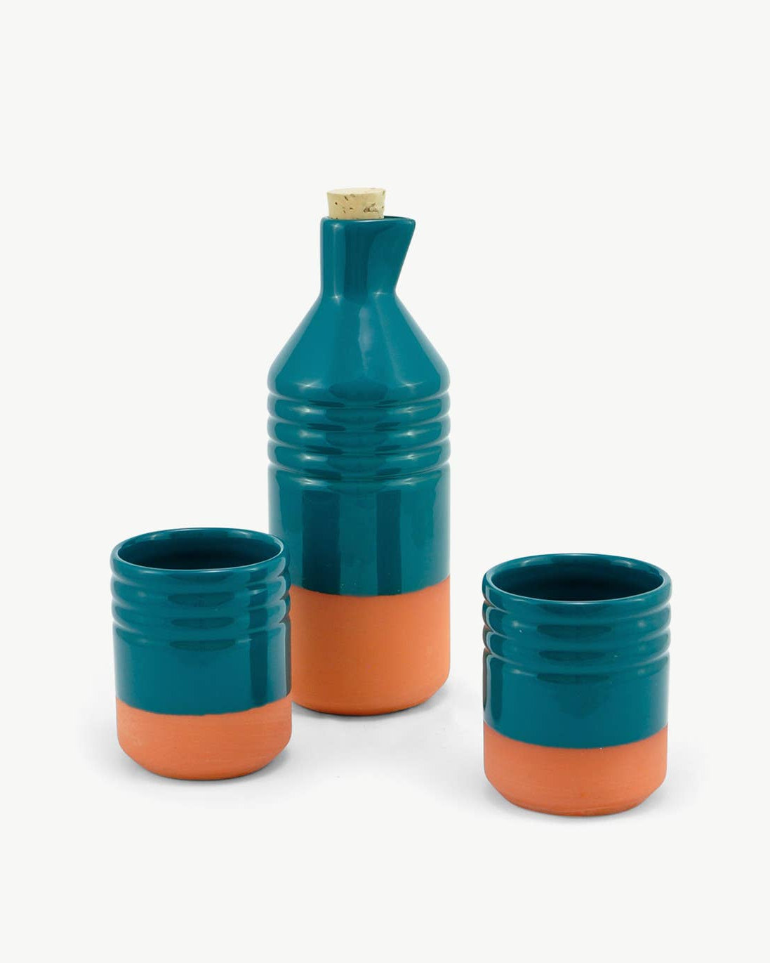 Glazed clay bottle & glasses set