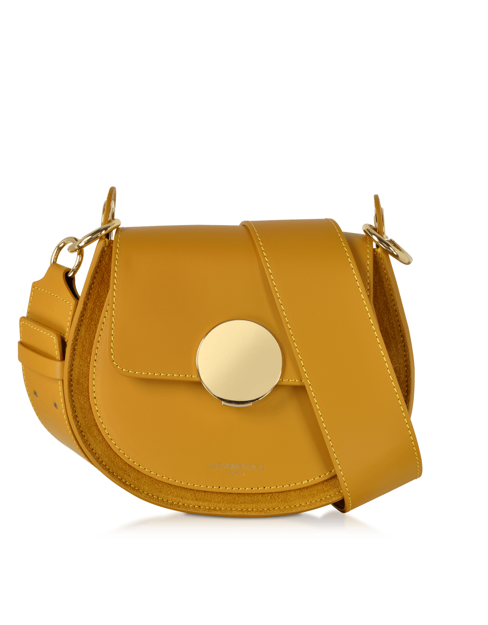 Yucca Suede and Leather Shoulder Bag in Mustard color by LePARMENTIER Paris, circular push-button clasp, handmade in Italy from Italian calf leather, white background, front view