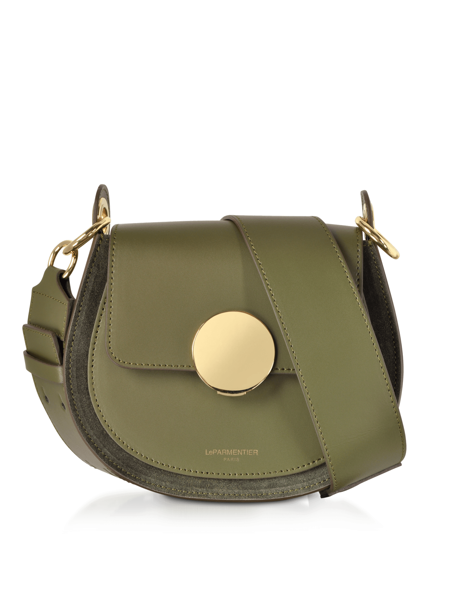 Yucca Suede and Leather Shoulder Bag in Military Green by LePARMENTIER Paris, circular push-button clasp, handmade in Italy from Italian calf leather, white background, front view