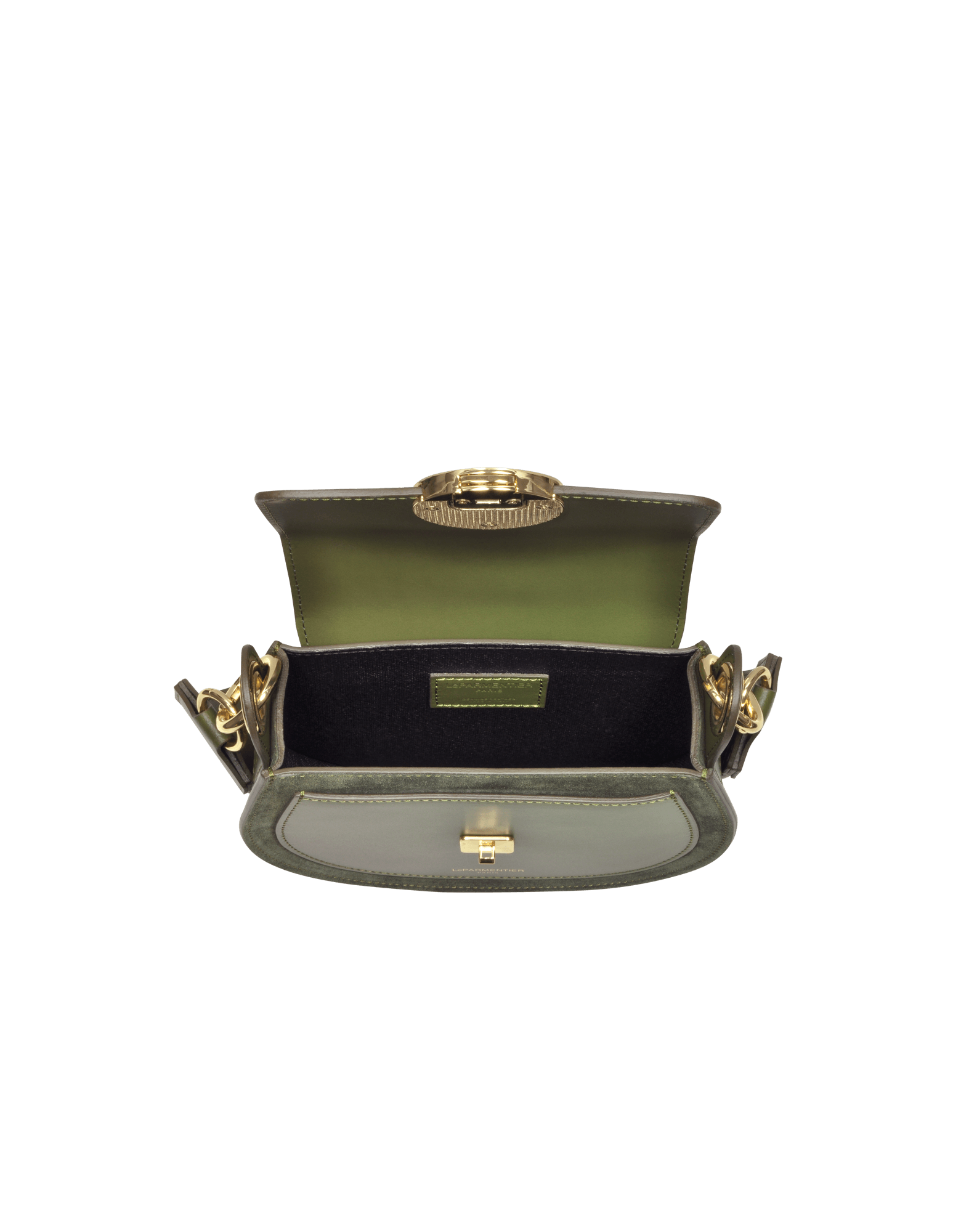 Yucca Suede and Leather Shoulder Bag in Military Green by LePARMENTIER Paris, with visible brand logo on a white background, interior view of the bag