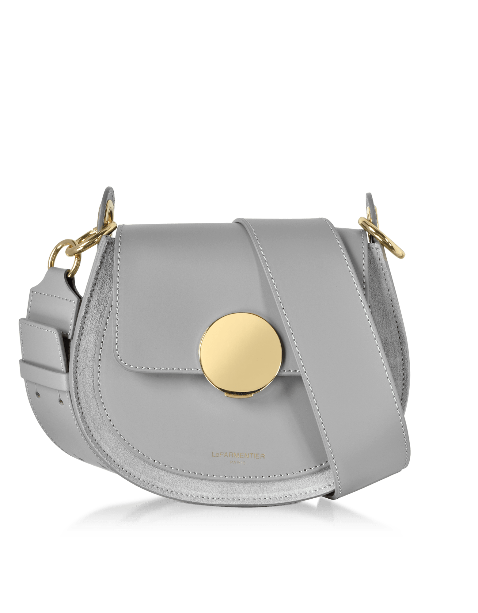 Yucca Suede and Leather Shoulder Bag in Gray by LePARMENTIER Paris, circular push-button clasp, handmade in Italy from Italian calf leather, white background, front view