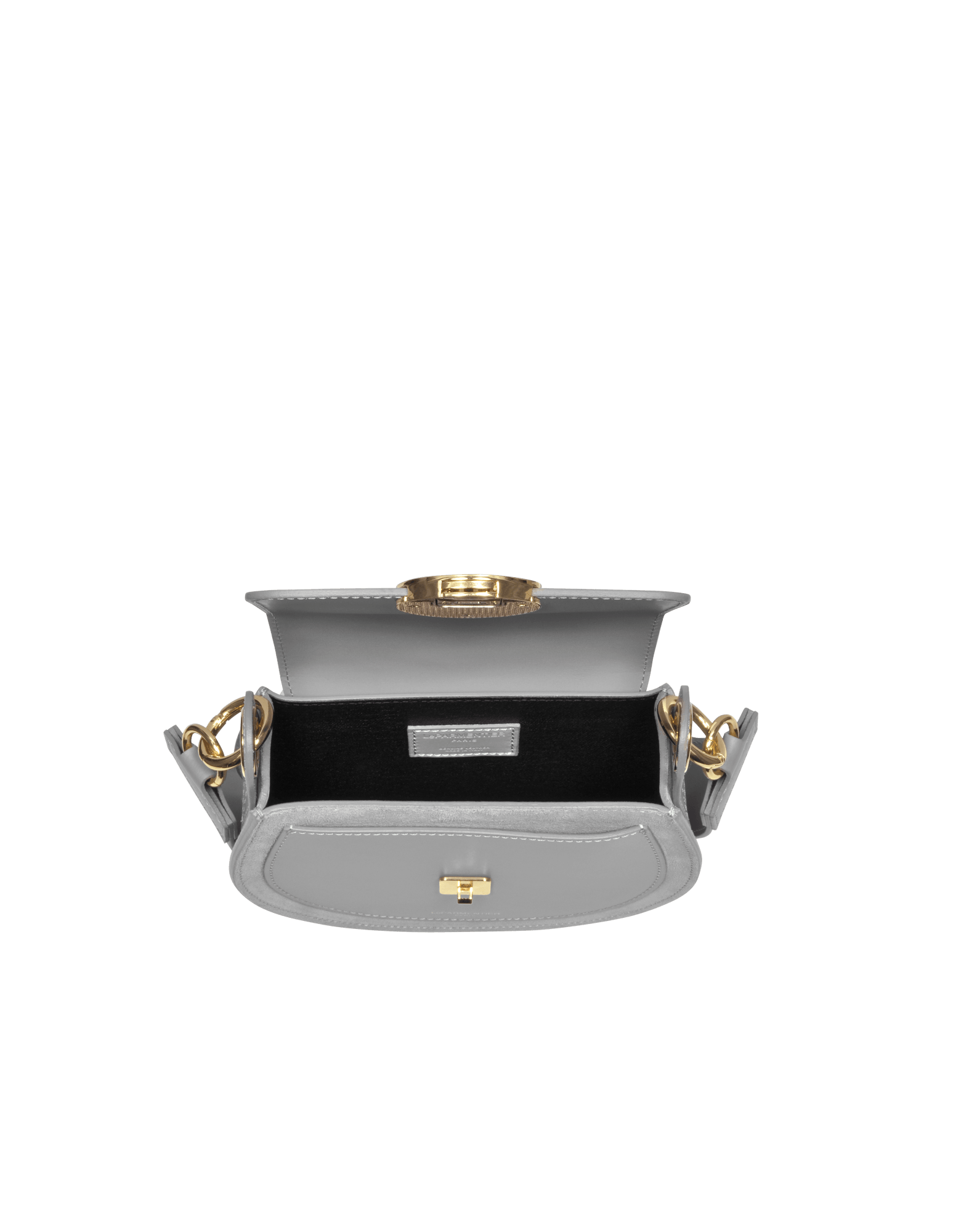 Yucca Suede and Leather Shoulder Bag in Gray by LePARMENTIER Paris, with visible brand logo on a white background, interior view of the bag