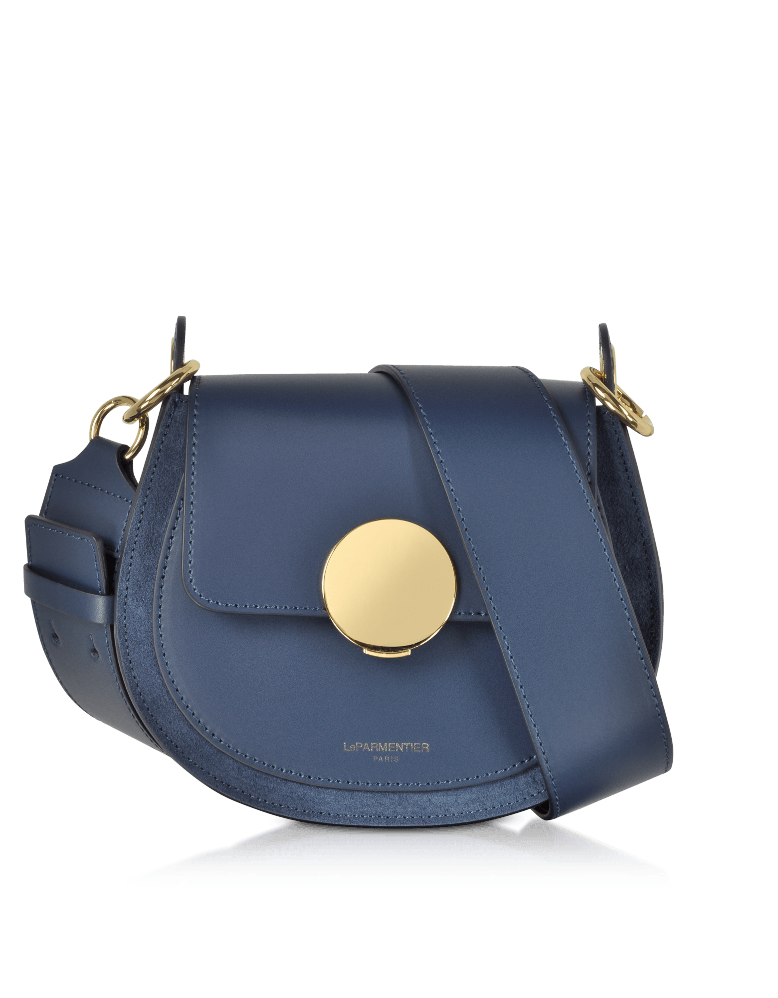 Yucca Suede and Leather Shoulder Bag in Denim color by LePARMENTIER Paris, circular push-button clasp, handmade in Italy from Italian calf leather, white background, front view