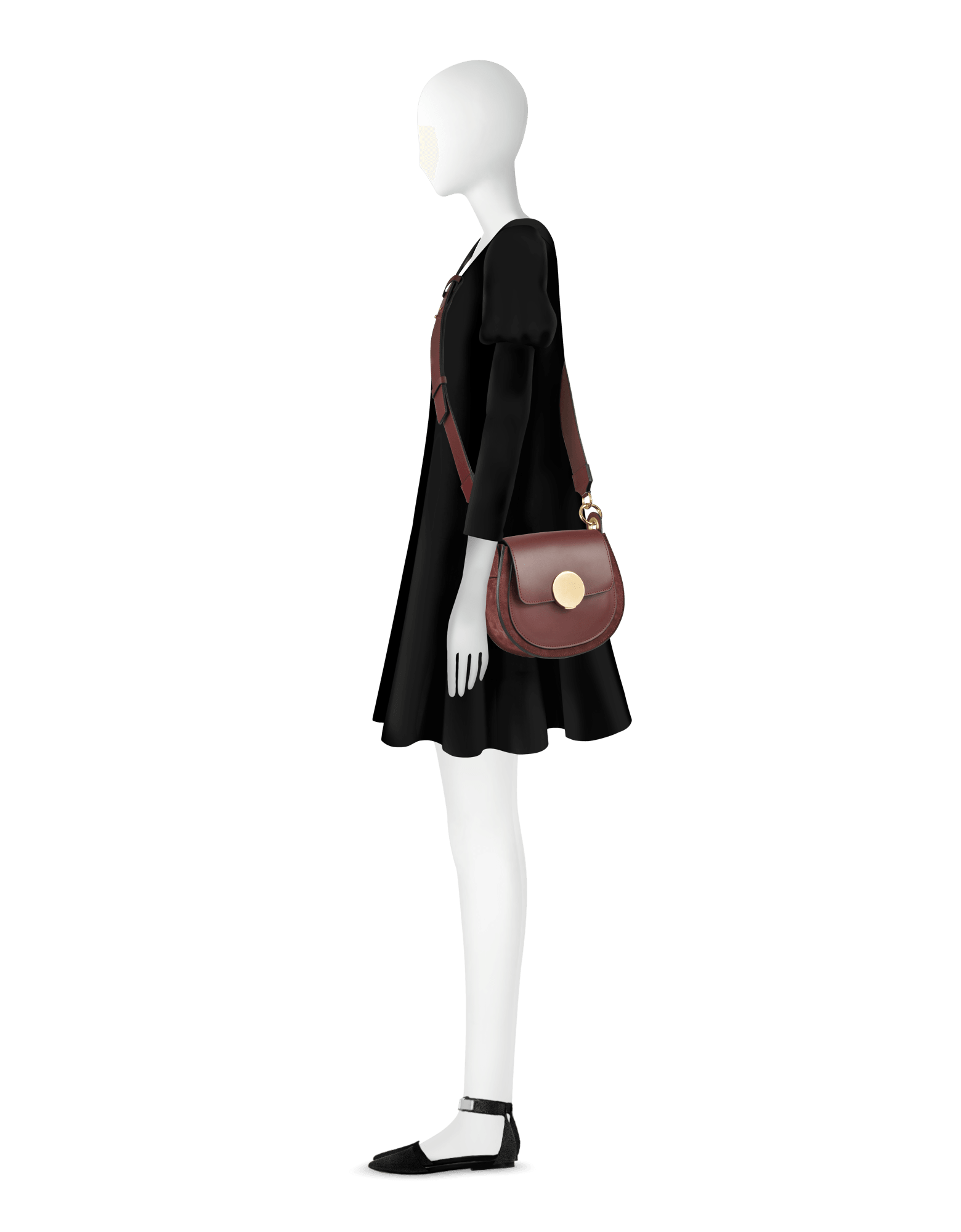 Yucca Suede and Leather Shoulder Bag in Dark Cherry by LePARMENTIER Paris, white background, shown on mannequin, adjustable strap styling