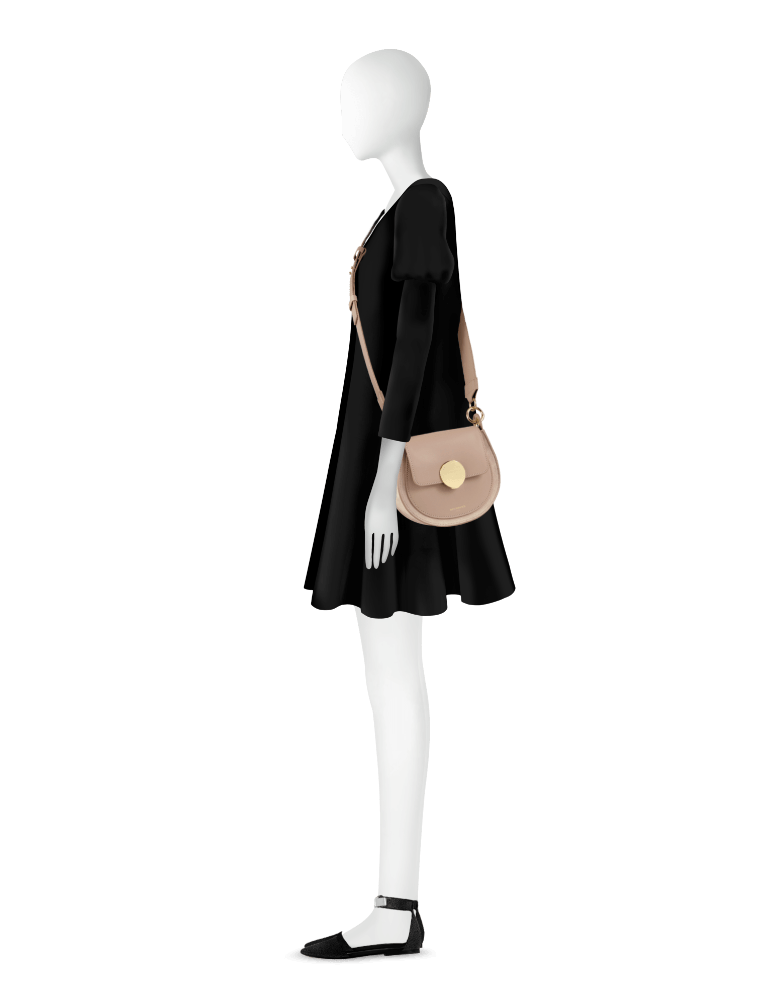 Yucca Suede and Leather Shoulder Bag in Nude by LePARMENTIER Paris, white background, shown on mannequin, adjustable strap styling