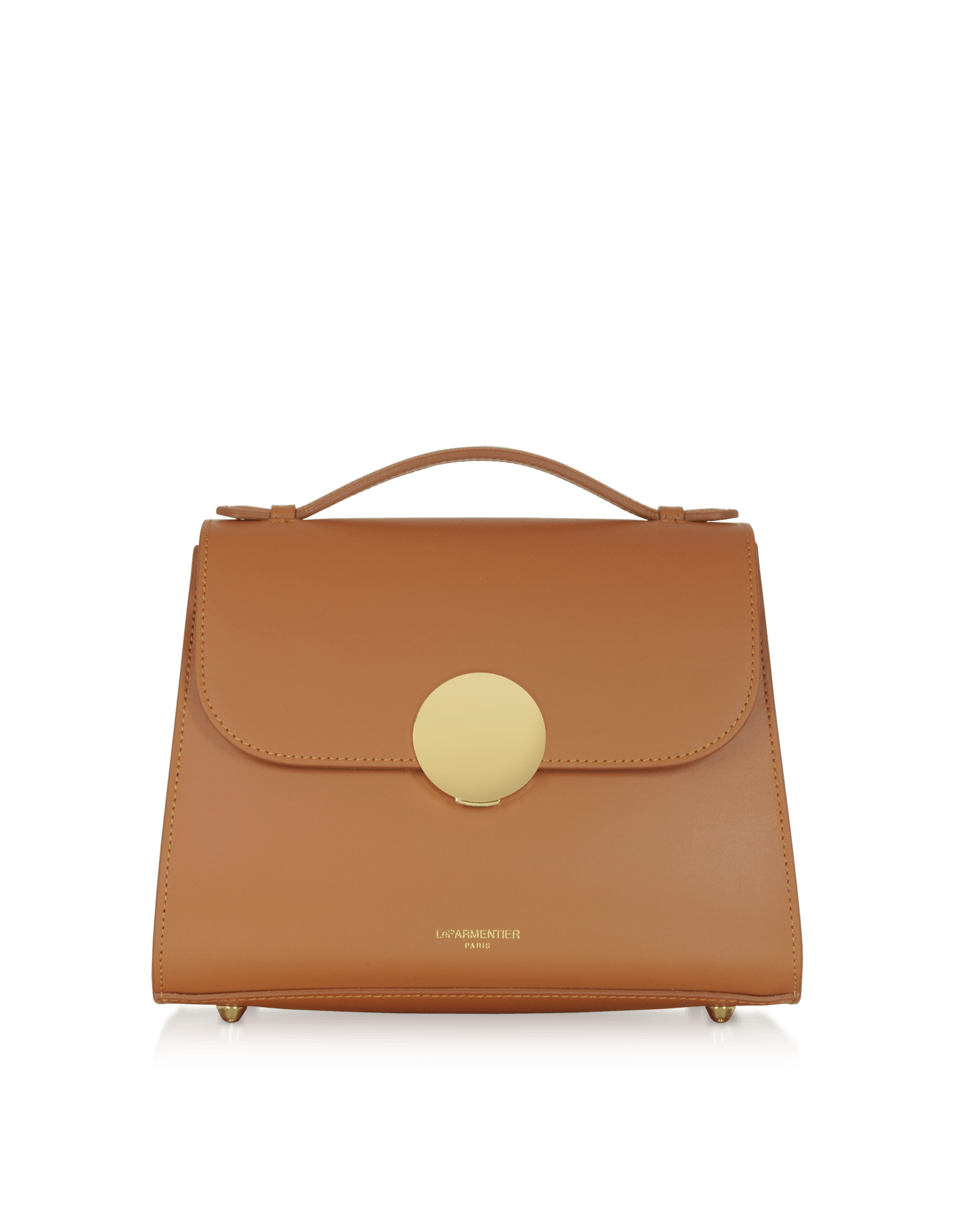 Bombo Top-Handle Satchel Bag w/Strap in Cognac by LePARMENTIER Paris, gold-tone hardware, detachable shoulder strap, handmade in Italy from Italian calf leather, white background, front view