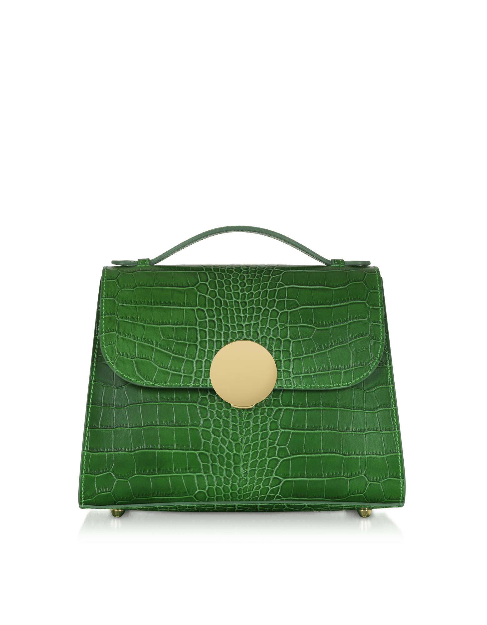Bombo Croco Embossed Leather Top-Handle Satchel Bag w/Strap in Green by LePARMENTIER Paris, gold-tone hardware, detachable shoulder strap, handmade in Italy from Italian calf leather, white background, front view
