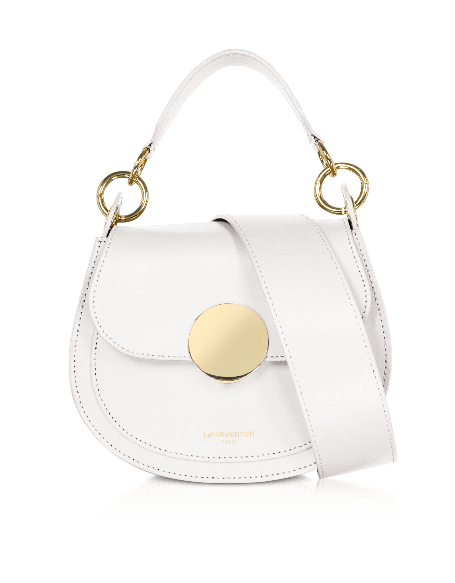 Yucca Soho Top-Handle Shoulder Bag in White by LePARMENTIER Paris, circular push-button clasp, handmade in Italy from Italian calf leather, white background, front view