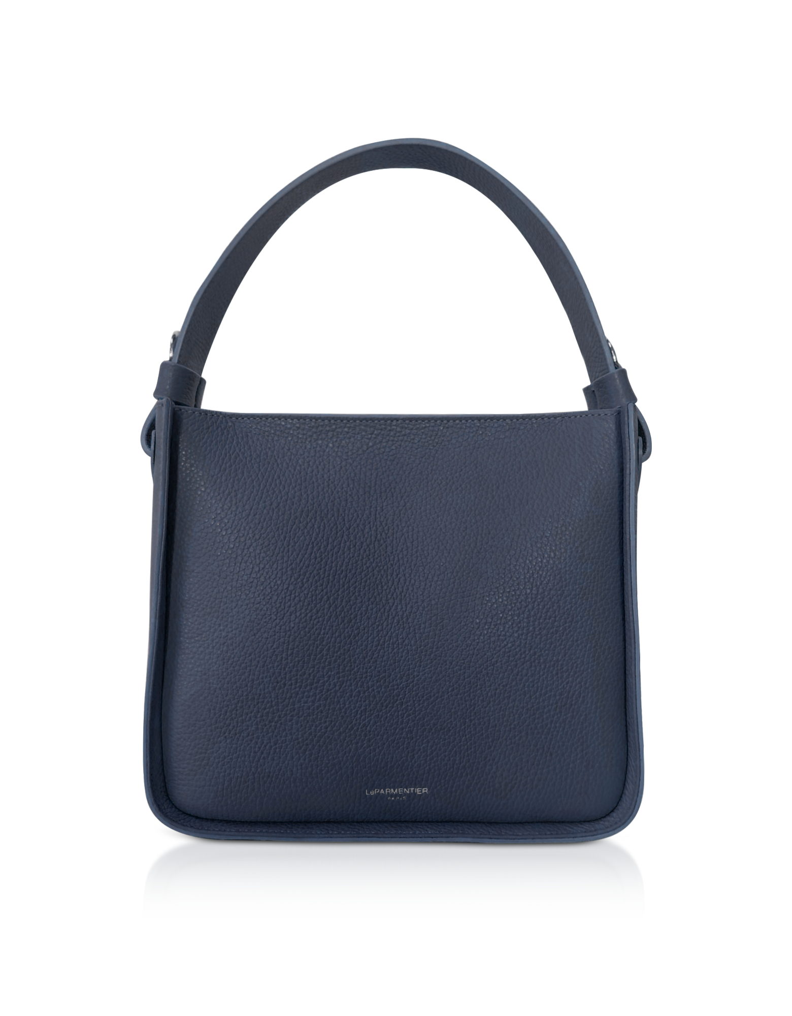 Duplo Medium Hammered Leather Top Handle bag in Denim color by LePARMENTIER Paris, with a single handle and a detachable shoulder strap, handmade in Italy from Italian calf leather, white background, front view