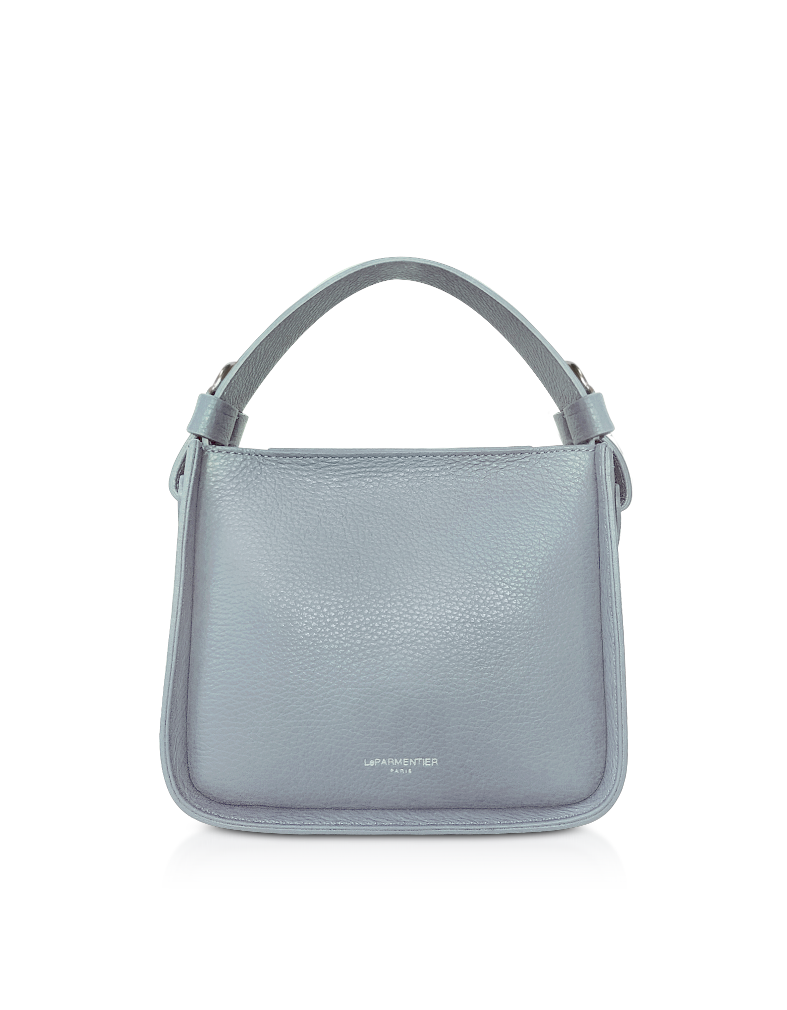 Duplo Small Hammered Leather Top Handle bag in Sky Blue by LePARMENTIER Paris, with a single handle and a detachable shoulder strap, handmade in Italy from Italian calf leather, white background, front view