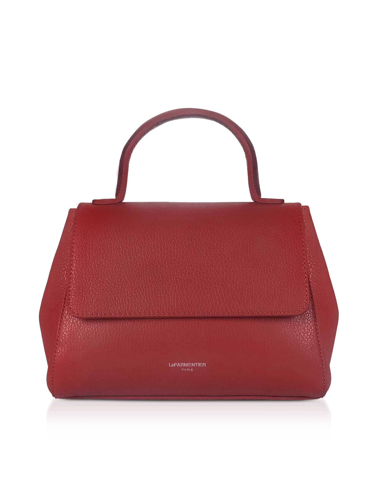 Ladyfinger Top Handle Ladybag w/Strap in Red by LePARMENTIER Paris, hammered leather with an adjustable crossbody strap, handmade in Italy from Italian calf leather, white background, front view