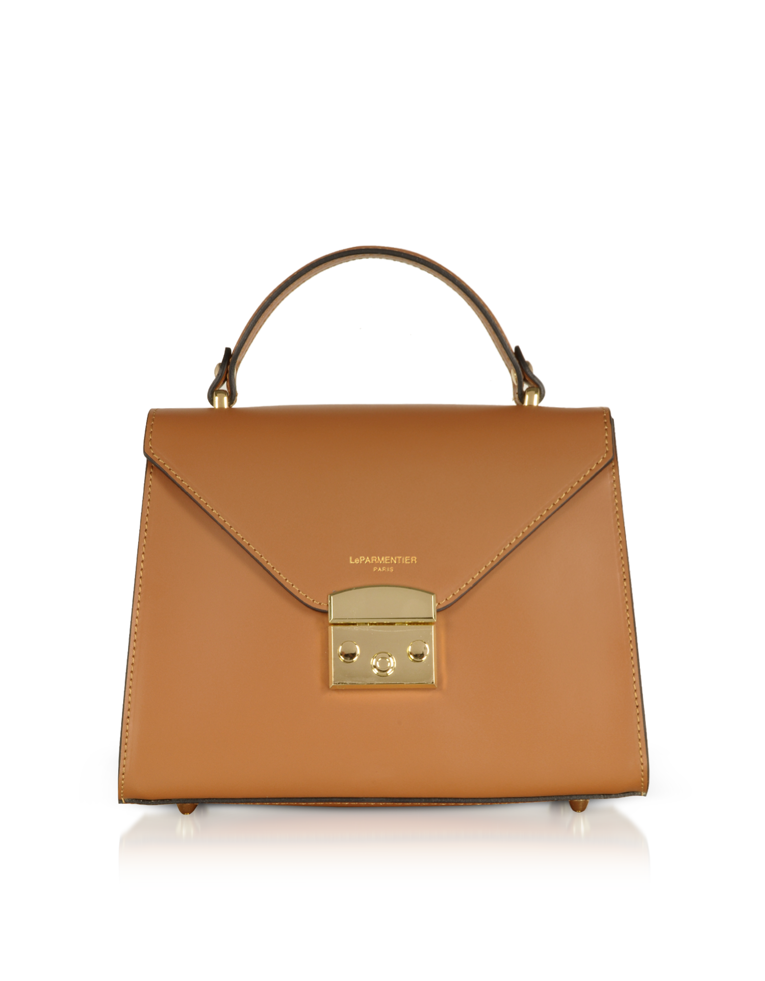 Peggy Leather Top Handle Satchel Bag in Caramel by LePARMENTIER Paris, gold-tone hardware, detachable shoulder strap, handmade in Italy from Italian calf leather, white background, front view