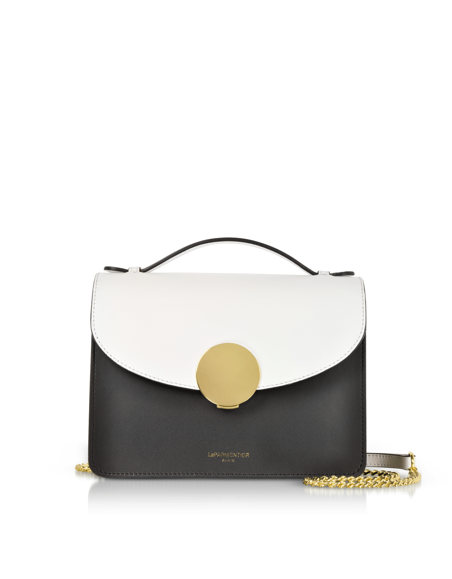 New Ondina Color Block Flap Top Leather Satchel Bag in White/Black by LePARMENTIER Paris, with a gold tone circular push lock closure and a chain shoulder strap, handmade in Italy from Italian calf leather, white background, front view