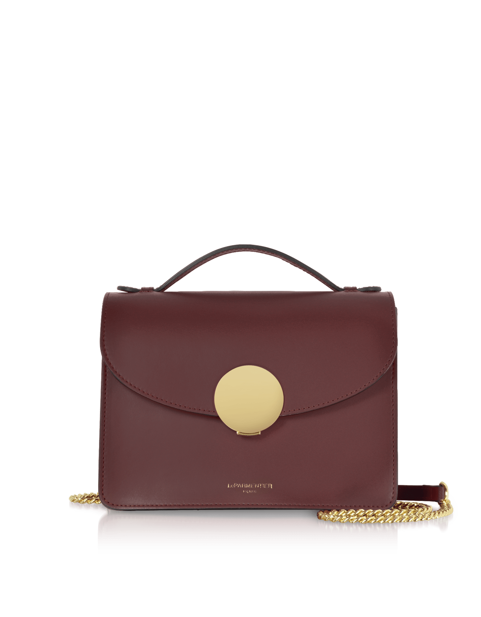 New Ondina Top Handle Shoulder Bag in Dark Cherry by LePARMENTIER Paris, with a gold tone circular push lock closure and a chain shoulder strap, handmade in Italy from Italian calf leather, white background, front view