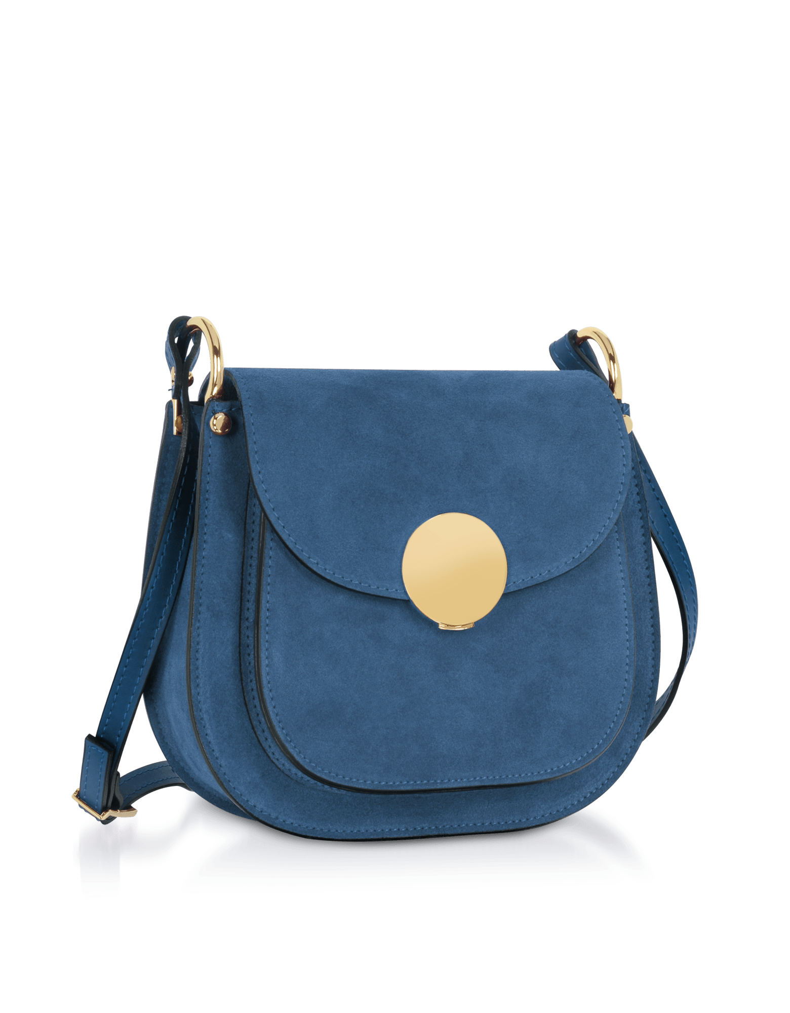Agave Suede and Smooth Leather Shoulder Bag in Denim color by LePARMENTIER Paris, circular push-button clasp, handmade in Italy from Italian calf leather, white background, front view
