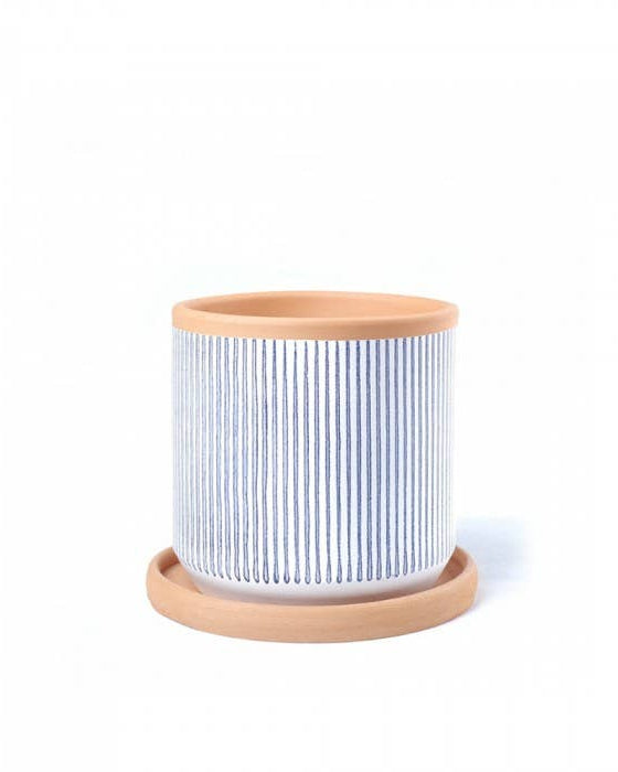 Striped clay pot with saucer – Small