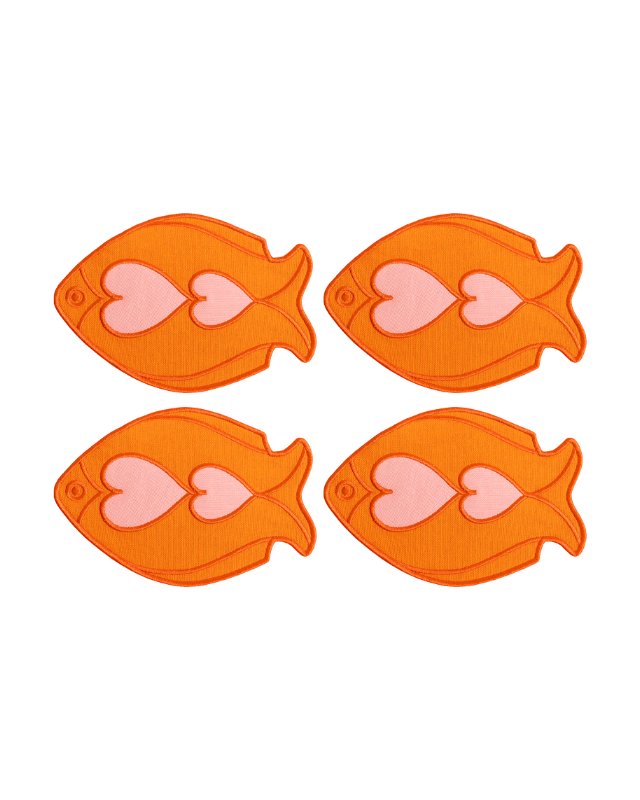 Four Fish Splash Coasters (Set of 4) by Octaevo, orange with pink hearts, arranged in two rows on transparent.