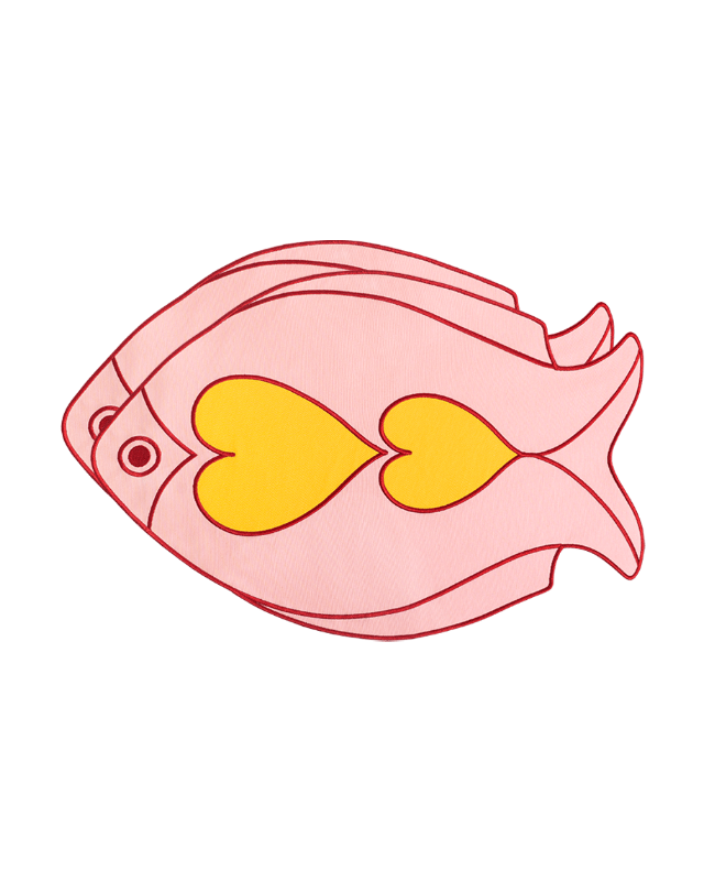 OCTAEVO Fish Splash Placemats (Set of 2) feature a pink fish with red outlines and yellow hearts—great for Mediterranean dining.