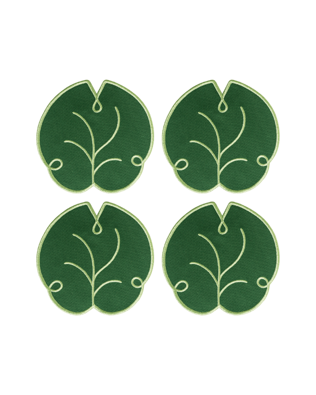 Octaevo Lily Leaf Coasters (Set of 4) in green, each with embroidered light green veins, shown in a 2x2 grid.